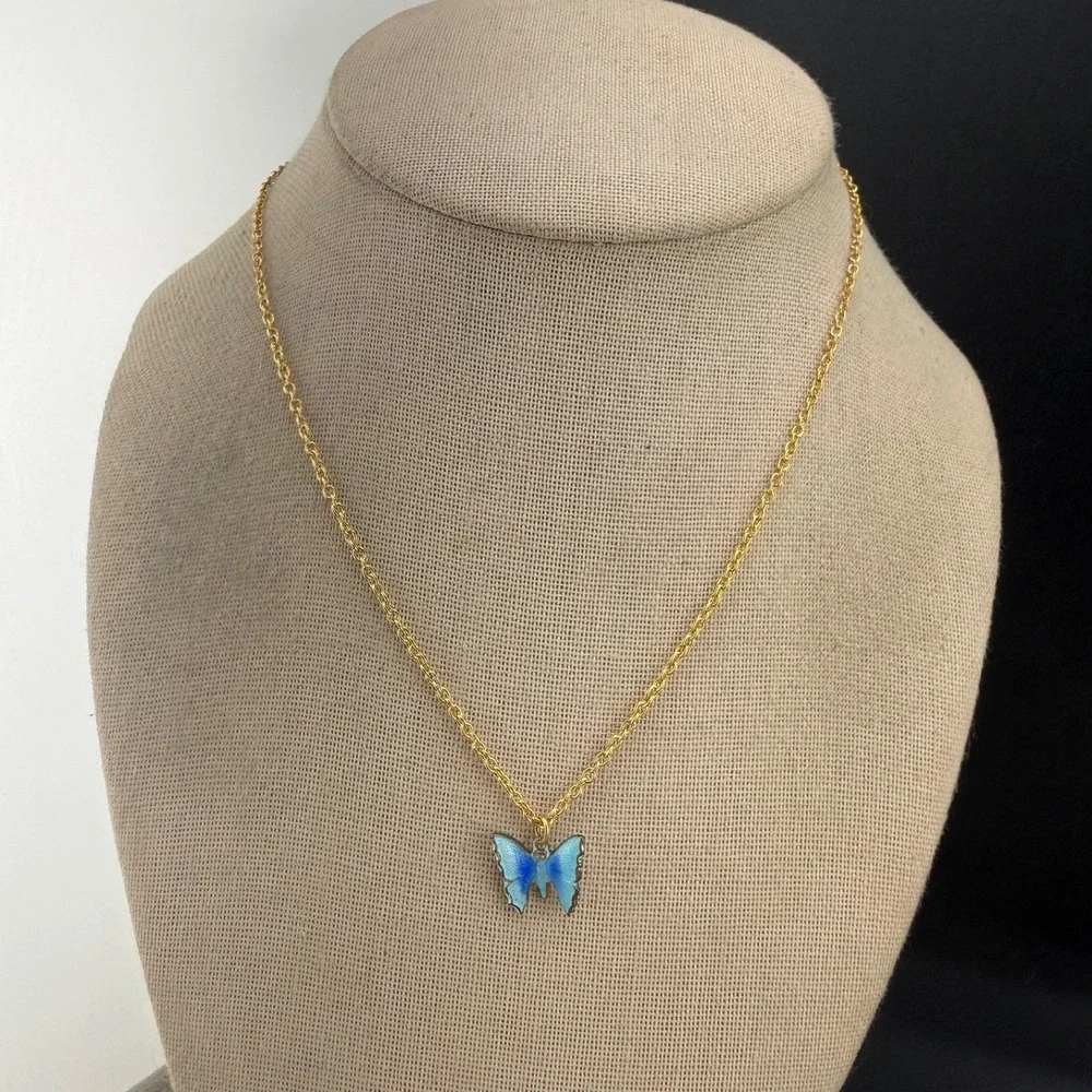 Vintage Enamel Butterfly‎ Necklace Blue Guilloche Gold Tone 16